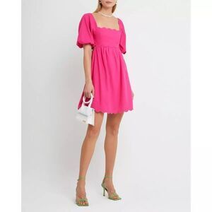 O.P.T. Pink April Short Puff Sleeve Scalloped Mini Dress S Open Back Cottagecore